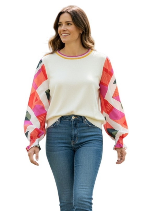 THML Tops - THML Cream Pullover Sweater Colorful Abstract Balloon Sleeve Statement Top Sz L